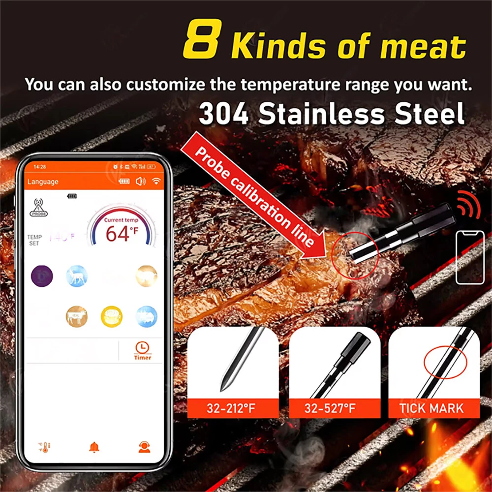 (image for) -4&deg;F to 212&deg;F Bluetooth Wireless Meat Steak Food Electronic Thermometer Grill Probe Smart Meat Food Kitchen Wireless Grill Thermometer