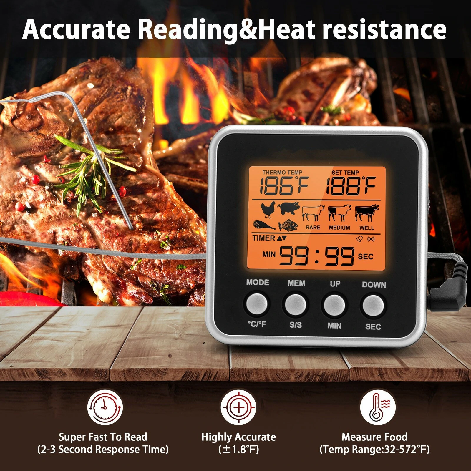 (image for) AGSIVO Digital Food Oven Meat Thermometer With Probe Timer Alert Backlight Outdoor Grill Cook Barbecue Kitchen Cooking BBQ Thermometer